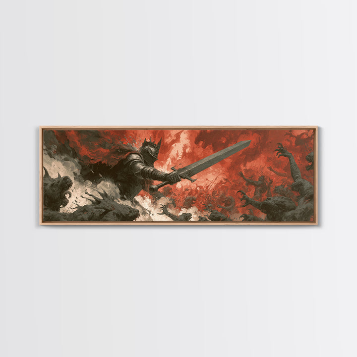 Epic Armored Knight Battling Dark Creatures In Fiery Fury Fantasy Canvas Print For Dramatic Wall Art Decor