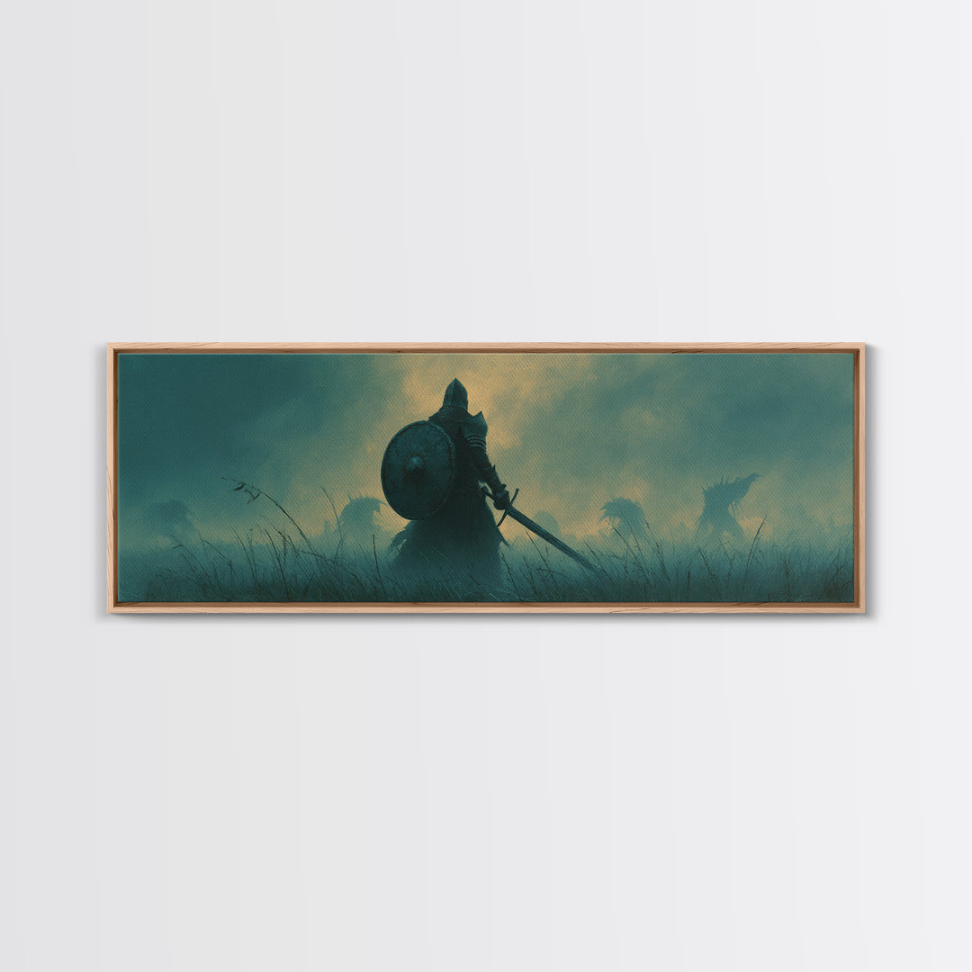 Brave Knight Standing Before Shadowy Dragon Figures Surrounded By Fog Canvas Print Large Wall Art For Dark Fantasy Decor