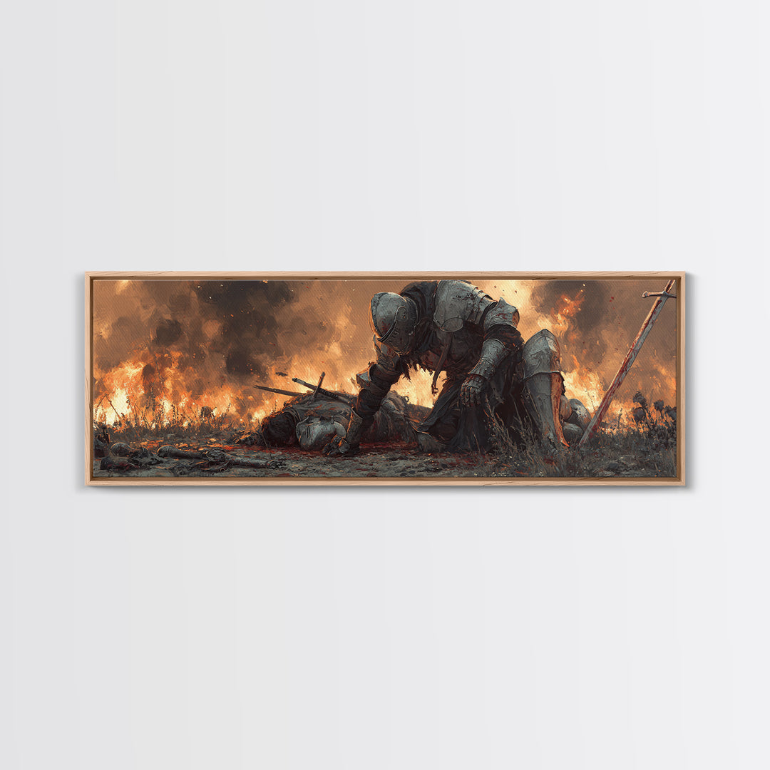 Epic Knight And Fallen Warrior Medieval Battle Scene Dramatic Oil Painting Style Wall Art Canvas Print