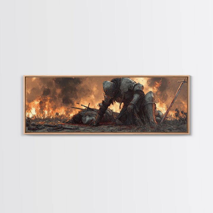 Epic Knight And Fallen Warrior Medieval Battle Scene Dramatic Oil Painting Style Wall Art Canvas Print