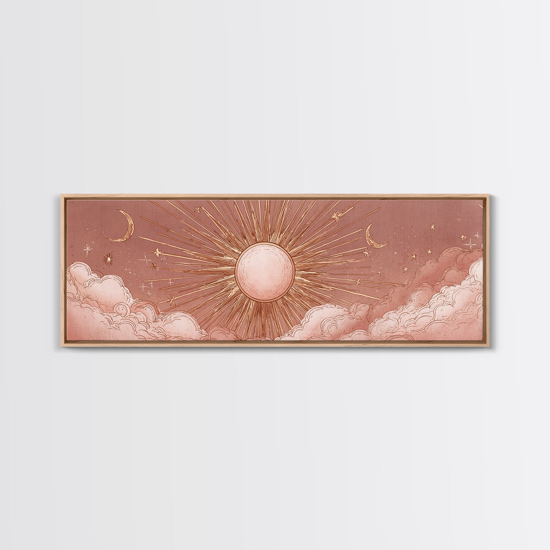 Rose Gold Sun And Twin Moons Wall Art, Celestial Wall Decor, Boho Bedroom Decor, Mystical Large Horizontal Framed Canvas Print