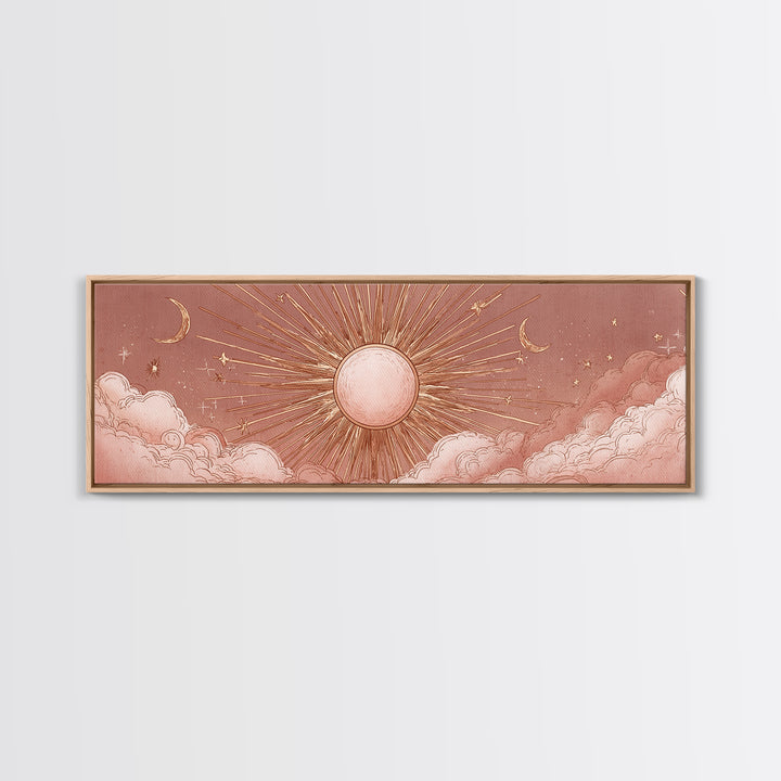 Rose Gold Sun And Twin Moons Wall Art, Celestial Wall Decor, Boho Bedroom Decor, Mystical Large Horizontal Framed Canvas Print