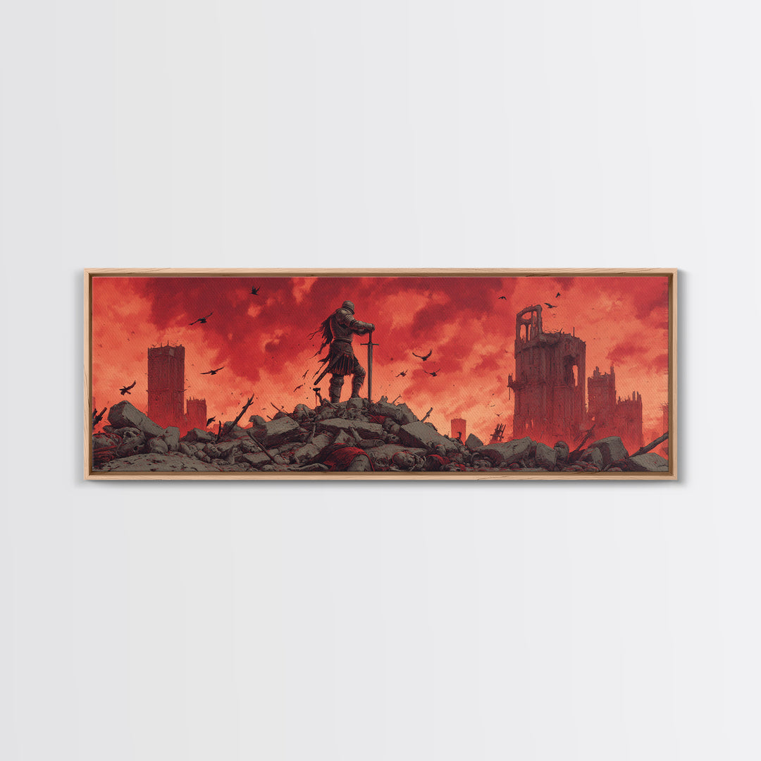 Epic Knight On Battlefield Amid Ruins With Dramatic Red Sky Wall Art Framed Canvas Print For Medieval Decor