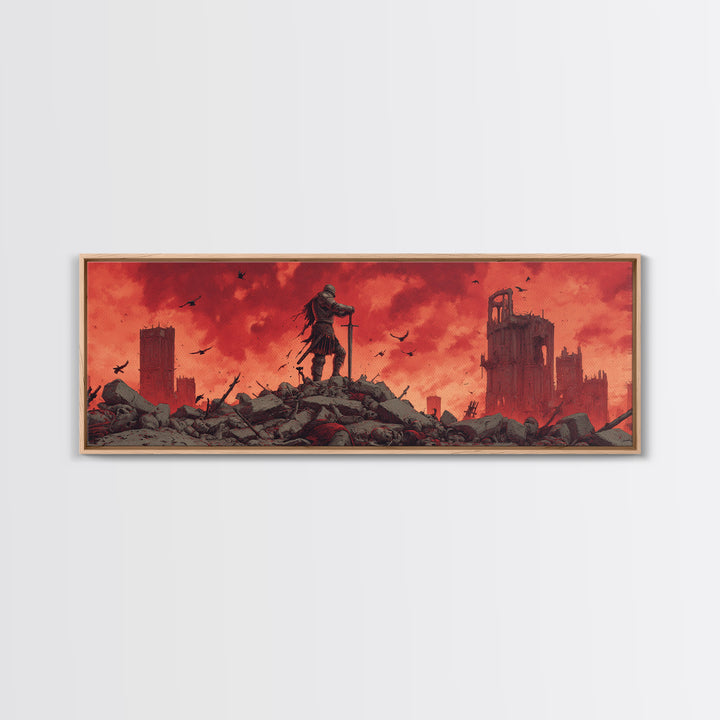 Epic Knight On Battlefield Amid Ruins With Dramatic Red Sky Wall Art Framed Canvas Print For Medieval Decor