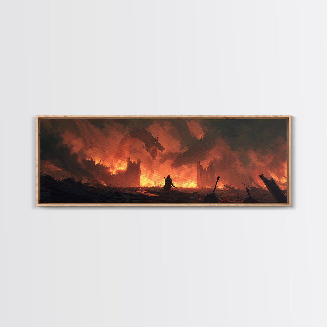 Epic Fantasy Warrior In Fiery Castle With Dragons Wall Art Canvas Print For Game Room Or Bedroom Decor