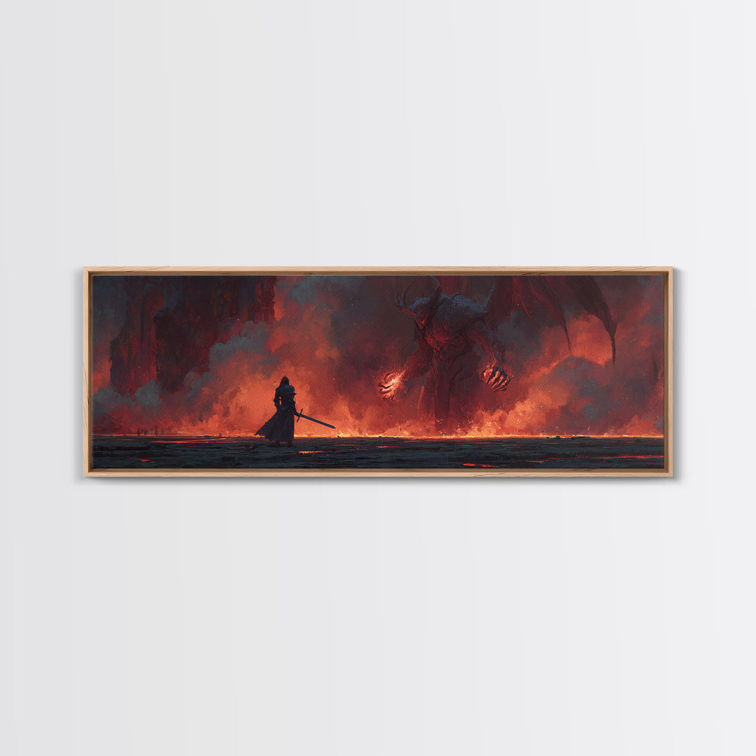Heroic Fantasy Knight Facing Fiery Demon In Epic Battle Scene Wall Art Framed Canvas Print For Game Room, Bedroom, Or Fantasy Art Collectors Gift