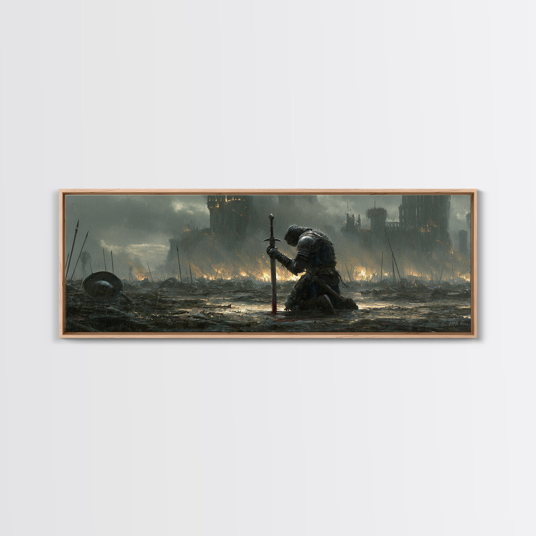 Medieval Knight Kneeling On Battlefield In Rain With Flaming Castle Background Dramatic Wall Art Canvas Print