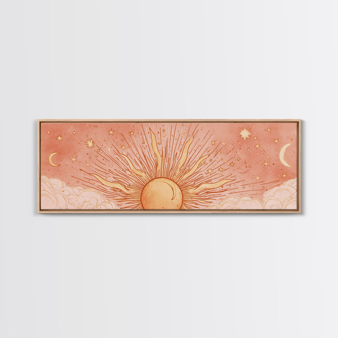 Radiant Orange Sun With Crescent Moons Wall Art, Celestial Wall Decor, Boho Sun And Moon Art, Large Horizontal Canvas Print