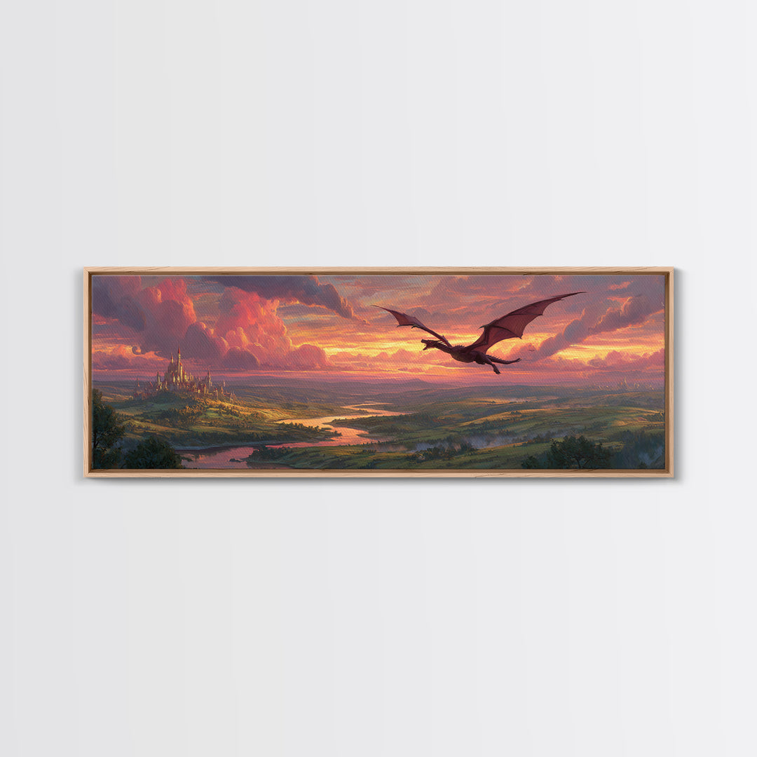 Epic Fantasy Landscape Painting Of A Castle On Hill With A Flying Dragon Under Dramatic Sunset Skies Wall Art
