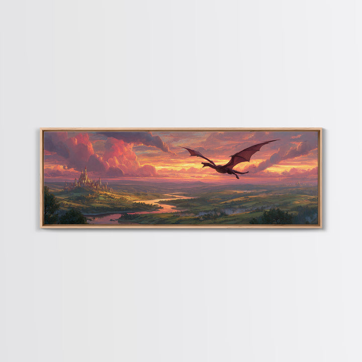 Epic Fantasy Landscape Painting Of A Castle On Hill With A Flying Dragon Under Dramatic Sunset Skies Wall Art