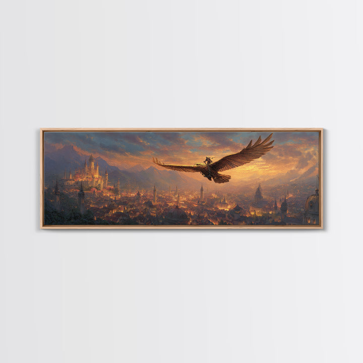 Majestic Castle Landscape With Giant Eagle And Rider At Sunrise Canvas Print Modern Wall Art For Living Room Decor