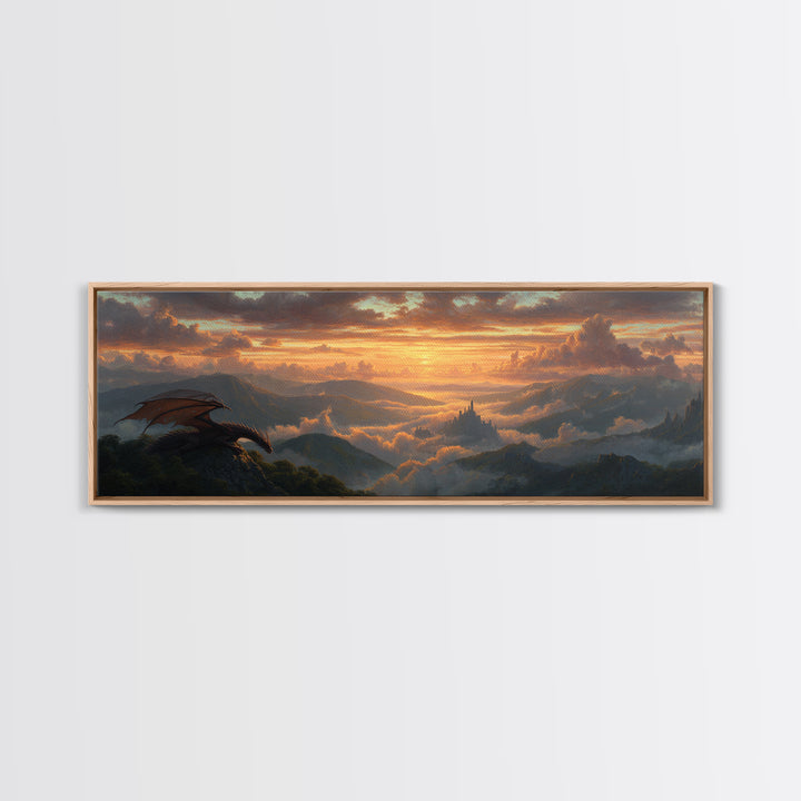 Epic Fantasy Scene With Dragon Flying Over Mountain Landscape At Sunset Large Wall Art Canvas Print For Bedroom Decor