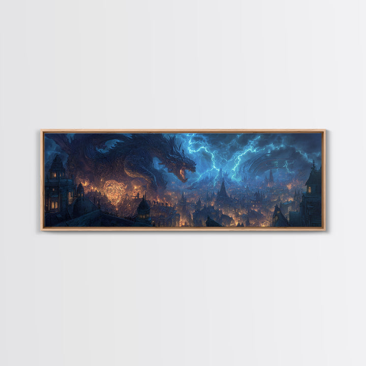 Epic Dragon Breathing Lightning Over Medieval Cityscape Wall Art Dramatic Fantasy Canvas Print Home Decor
