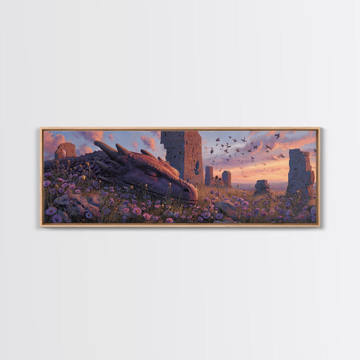 Sleeping Dragon Among Purple Wildflowers With Ancient Ruins Wall Art Print Magical Fantasy Canvas Print