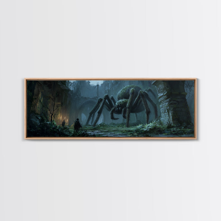 Giant Spider In Ancient Ruins With Adventurers, Dark Fantasy Illustration Wall Art Print, Framed Canvas Print For Gothic And Fantasy Decor