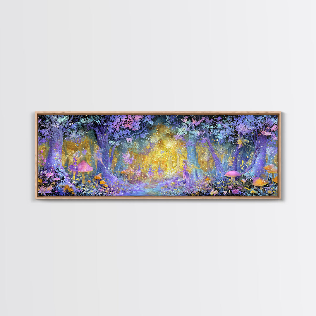 Enchanting Forest Fairy Dance With Magical Mushrooms And Glowing Lights Whimsical Wall Art Framed Canvas Print