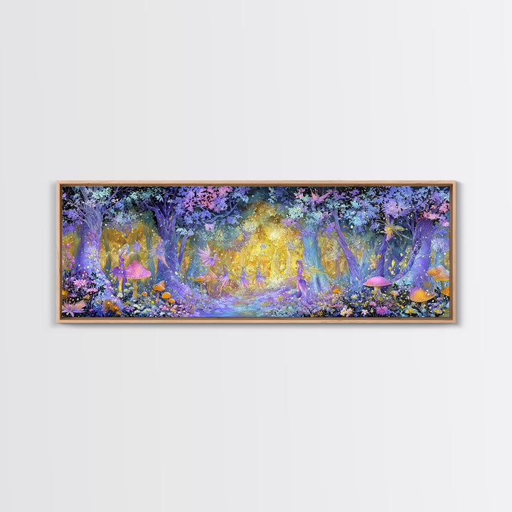 Enchanting Forest Fairy Dance With Magical Mushrooms And Glowing Lights Whimsical Wall Art Framed Canvas Print