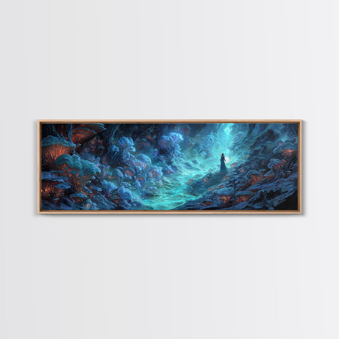 Surreal Fantasy Glowing Cave With Blue Mushroom Forest Wall Art Canvas Print For Mystical Decor And Unique Gift Ideas