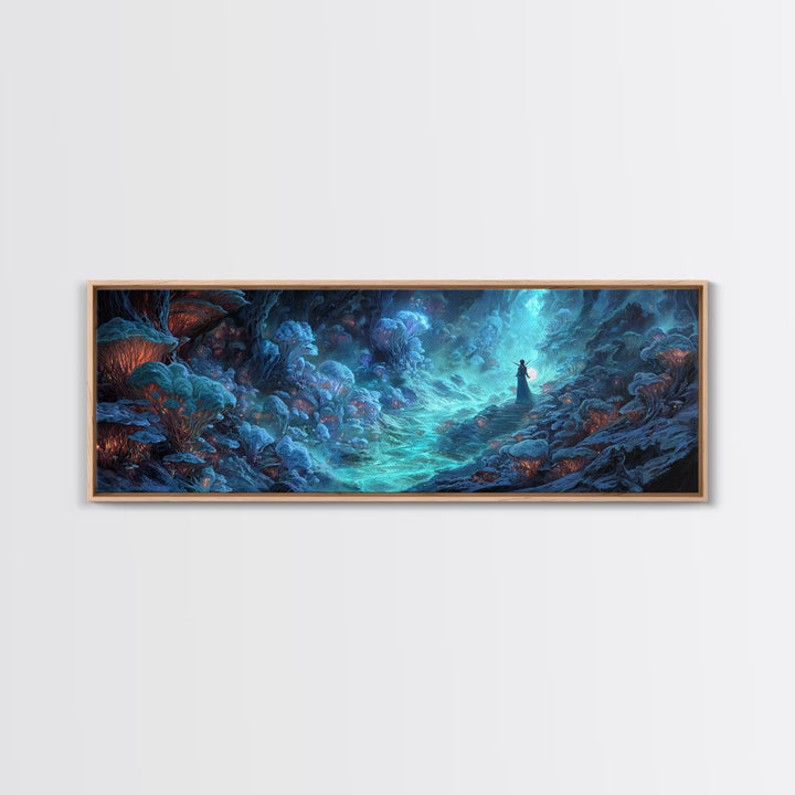 Surreal Fantasy Glowing Cave With Blue Mushroom Forest Wall Art Canvas Print For Mystical Decor And Unique Gift Ideas