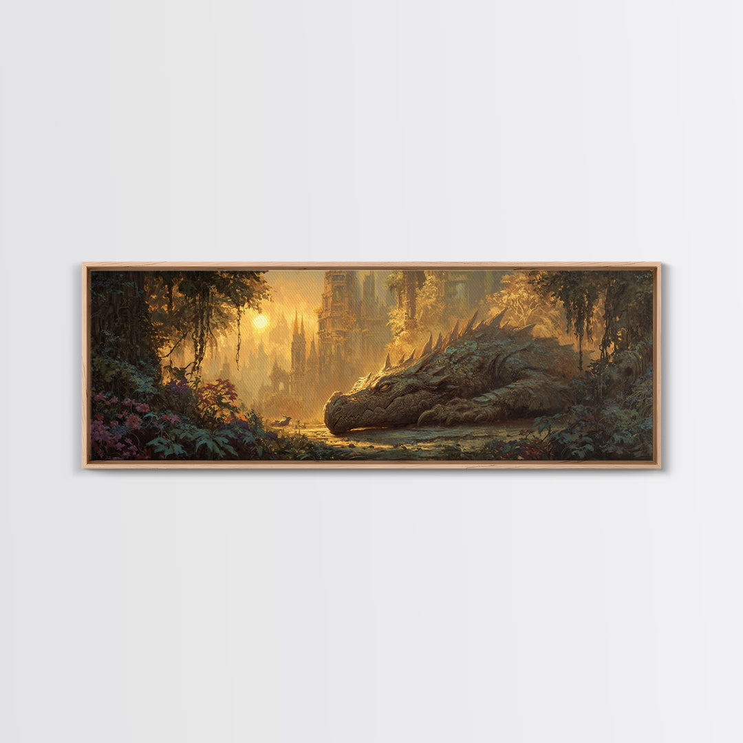 Fantasy Dragon Resting Peacefully In Enchanted Forest With Castle - Magical Fantasy Wall Art Canvas Print For Unique Home Decor