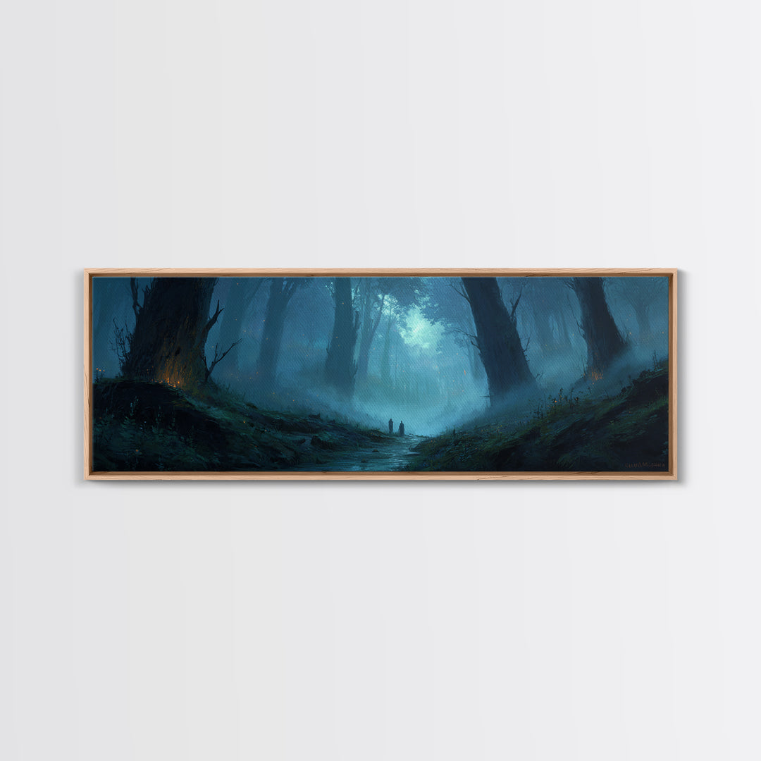 Atmospheric Misty Woodland With Two Figures Walking Through Foggy Forest - Moody Wall Art Canvas Print For Living Room And Bedroom Decor