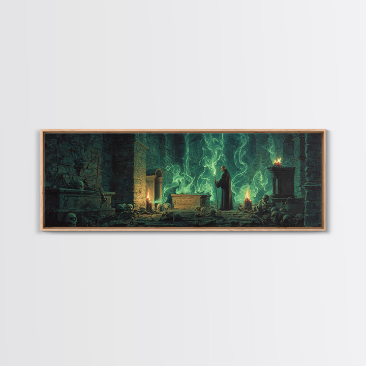 Mystical Wizard In Ancient Crypt With Glowing Green Flames Wall Art Modern Fantasy Decor Framed Canvas Print Unique Gift