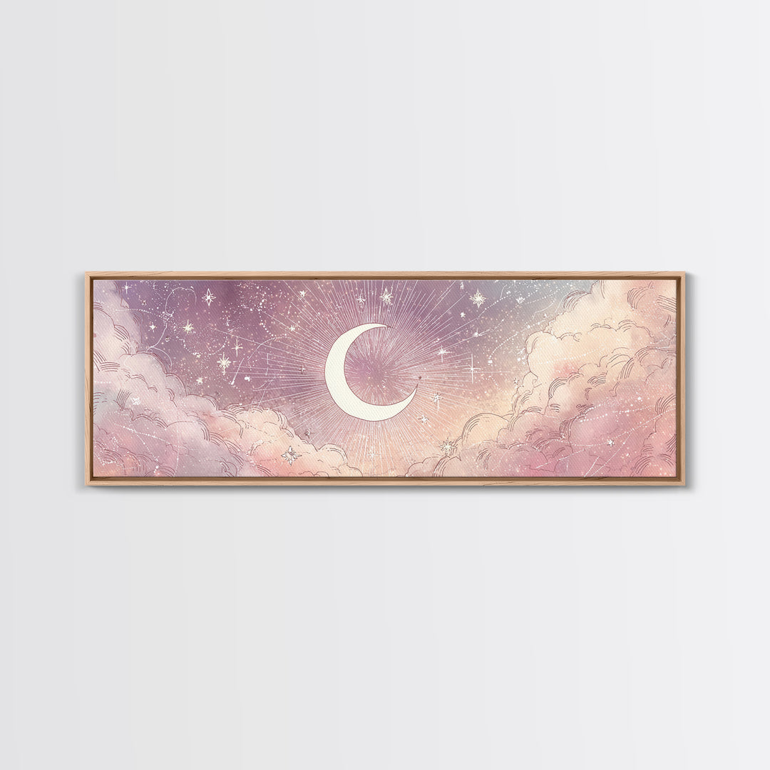 White Crescent Moon Over Pink Clouds Wall Art, Whimsical Celestial Nursery Decor, Dreamy Bedroom Decor, Framed Canvas Print