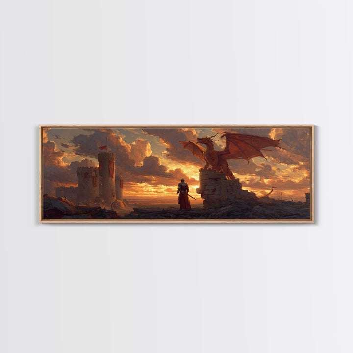 Majestic Dragon And Knight Battle At Castle Digital Fantasy Painting Framed Canvas Print For Magical Wall Art Home Decor