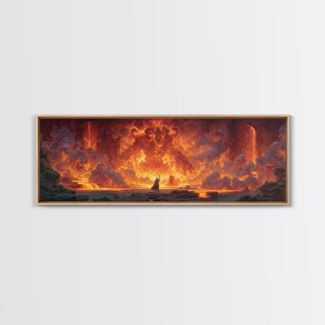 Fire Elemental Giant Facing Brave Warrior In Fiery Landscape Canvas Print Bold Large Wall Art For Dramatic Home Decor