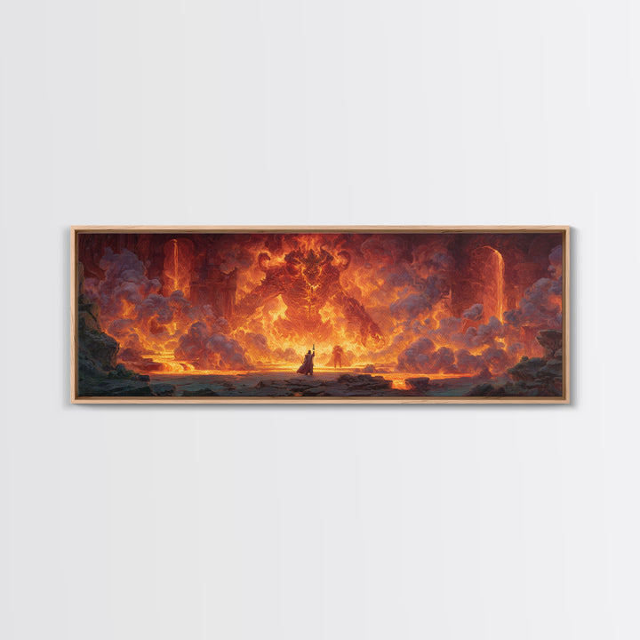 Fire Elemental Giant Facing Brave Warrior In Fiery Landscape Canvas Print Bold Large Wall Art For Dramatic Home Decor