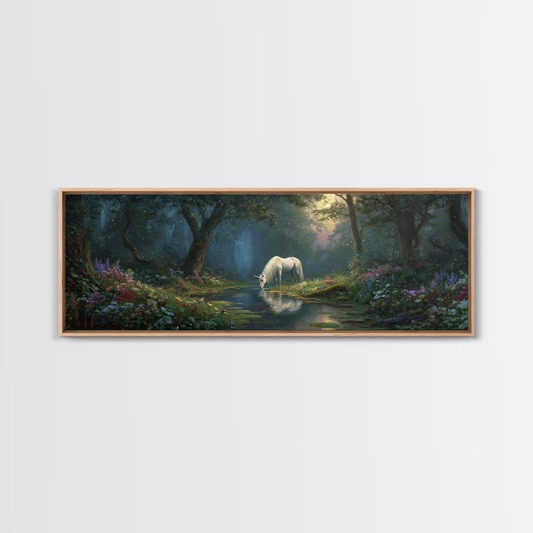 Magical Forest Unicorn Drinking From Stream With Enchanting Light Wall Art Framed Canvas Print For Fantasy Decor Kids Room