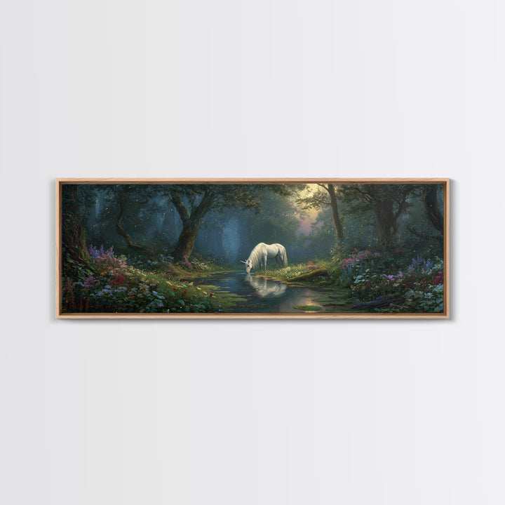 Magical Forest Unicorn Drinking From Stream With Enchanting Light Wall Art Framed Canvas Print For Fantasy Decor Kids Room