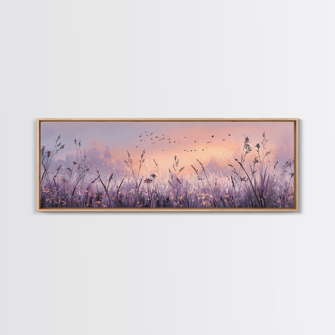 Lavender Wildflower Meadow At Sunset Wall Art, Pastel Nature Wall Decor, Calming Bedroom Decor, Large Horizontal Canvas Print