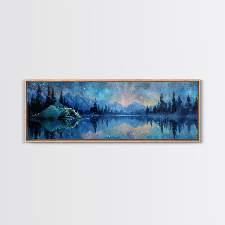Serene Dragon By Moonlight Drinking From Crystal Lake Amid Starry Sky Framed Canvas Print Fantasy Wall Art