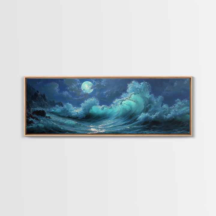 Wave Crash Under Moonlight Oil Painting Wall Art Moody Seascape Canvas Print For Coastal Living Room Decor