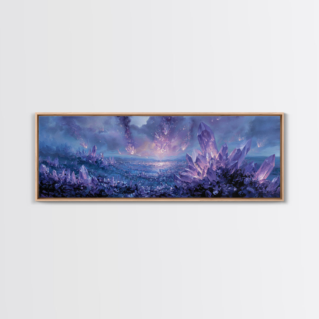 Mystical Purple Crystal Landscape With Falling Crystals Wall Art Framed Canvas Print For Unique Home Decor