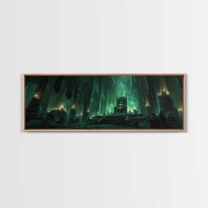 Green Fantasy Gothic Cathedral Throne Room Dark Artwork Wall Art Canvas Print Moody Gothic Home Decor