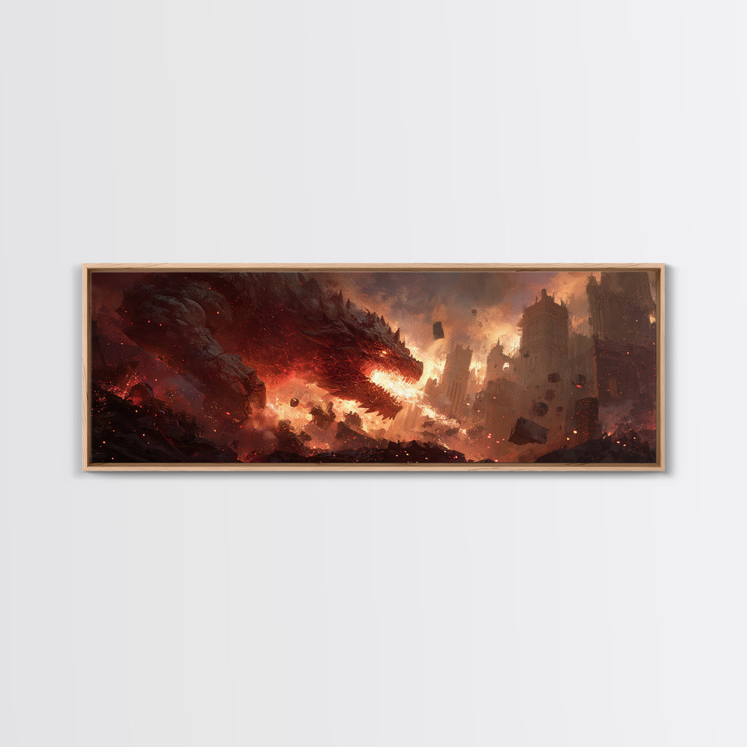 Epic Fiery Dragon Breathing Flames Amidst A Burning City Fantasy Wall Art Canvas Print For Modern Home Decor And Gaming Rooms