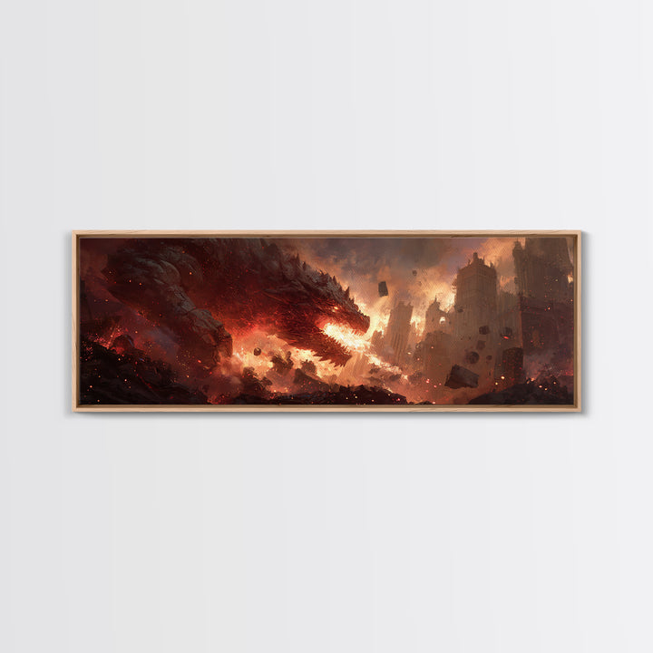 Epic Fiery Dragon Breathing Flames Amidst A Burning City Fantasy Wall Art Canvas Print For Modern Home Decor And Gaming Rooms