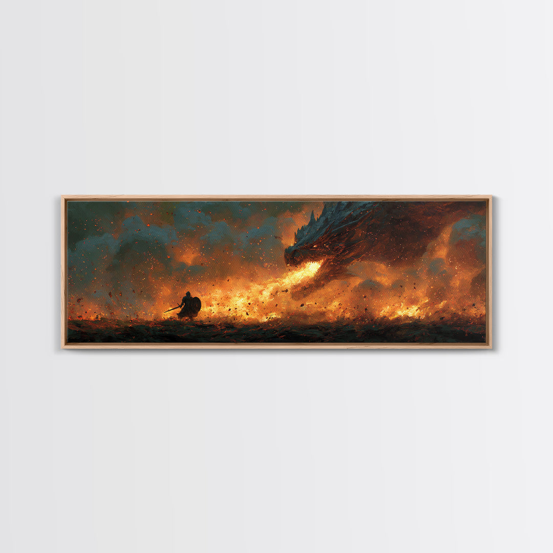 Fiery Viking Warrior Fighting Dragon Epic Fantasy Wall Art Framed Canvas Print For Dramatic Home Decor Gift