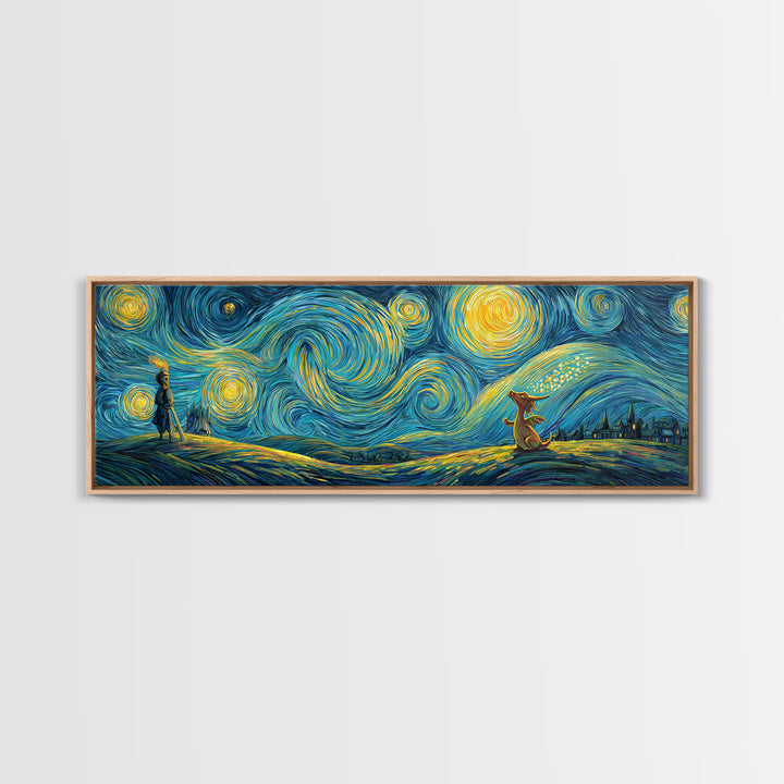 Whimsical Starry Night Inspired Canvas Print With Playful Dragon And Knight In Vibrant Blues And Yellows Unique Wall Art For Kids Room And Fantasy Decor