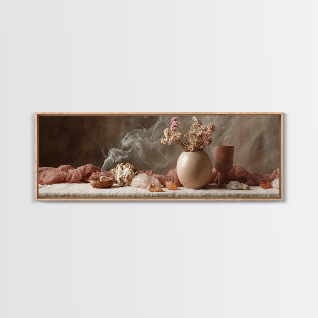 Smoky Crystals And Dried Flowers Framed Canvas Print, Zen Spa Wall Art, Neutral Boho Decor, Meditation Room Gift For Her