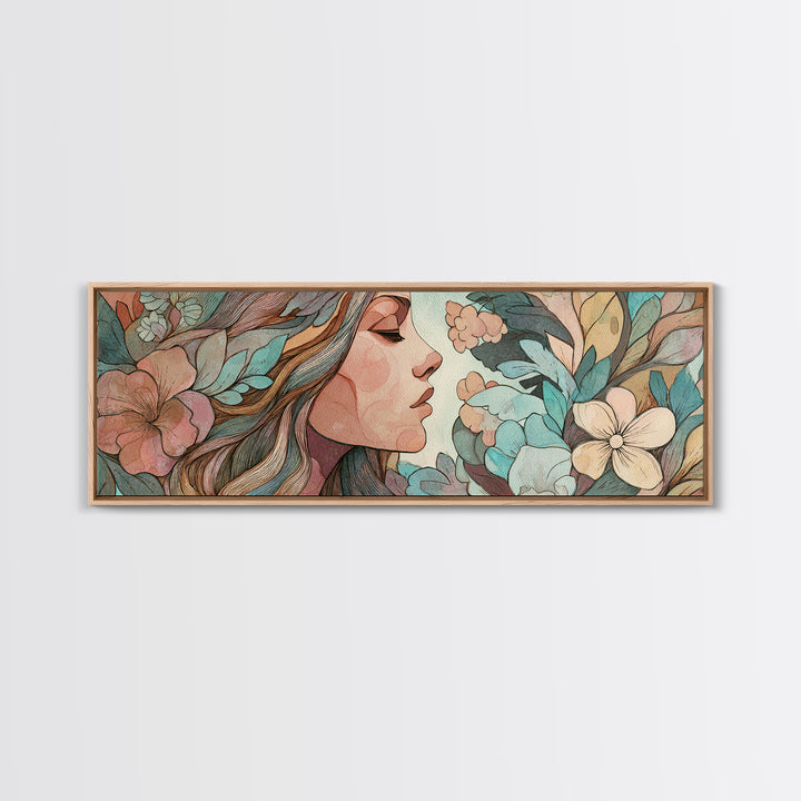 Art Nouveau Woman With Teal Florals Wall Art, Feminine Botanical Canvas Print, Boho Bedroom Decor, Living Room Decor, Gift For Her