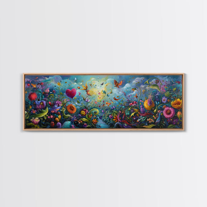 Ethereal Mystical Landscape With Cloud Giant Looming Over Young Boy Wall Art Framed Canvas Print For Inspirational Decor