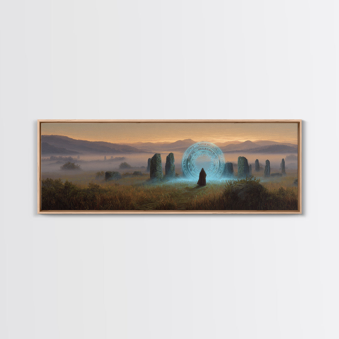Mystical Wizard Standing Before Ancient Stone Circle With Glowing Magic Portal Fantasy Canvas Print Wall Art