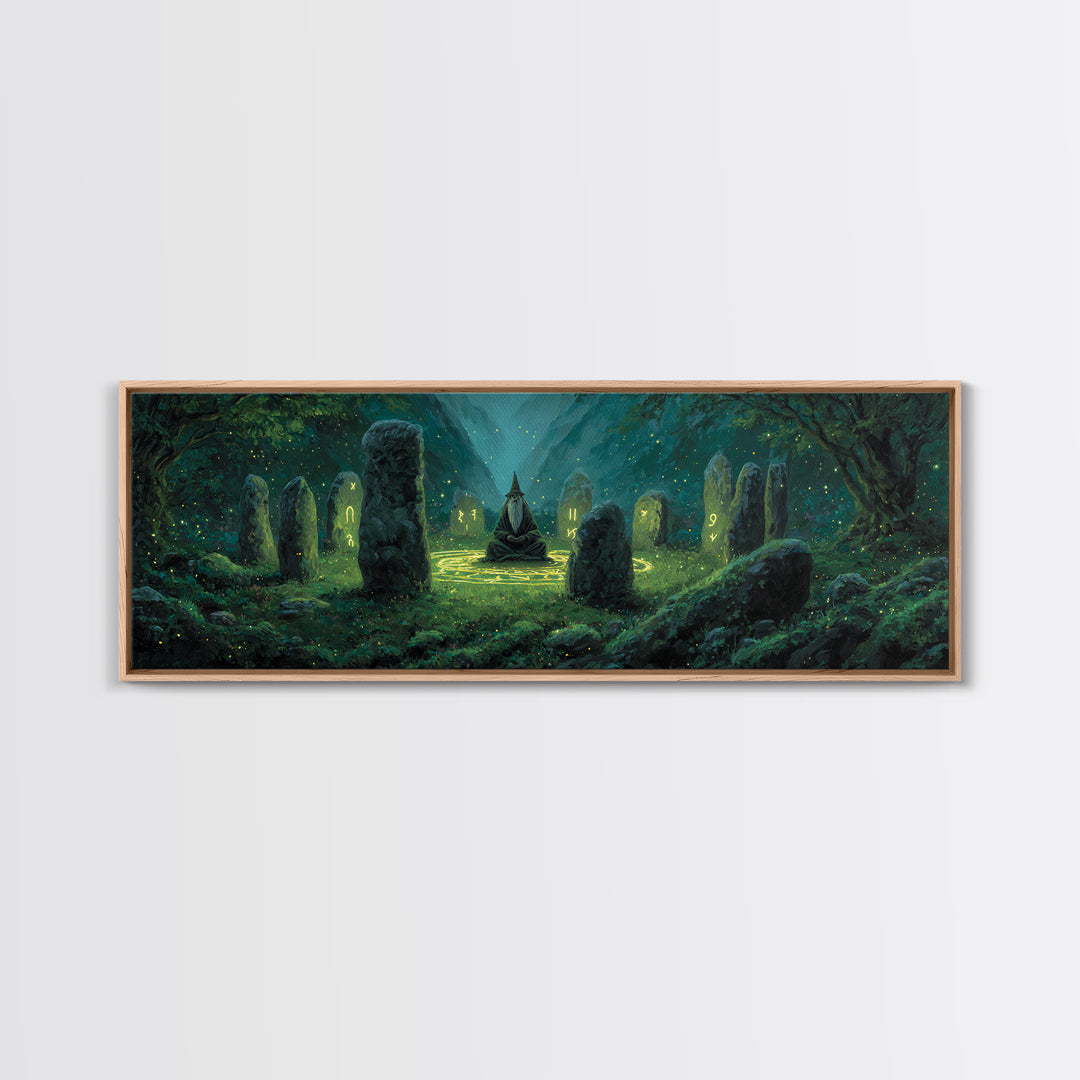 Fantasy Magician Meditating Among Ancient Stones Spellcasting Abstract Wall Art Canvas Print For Magical Decor