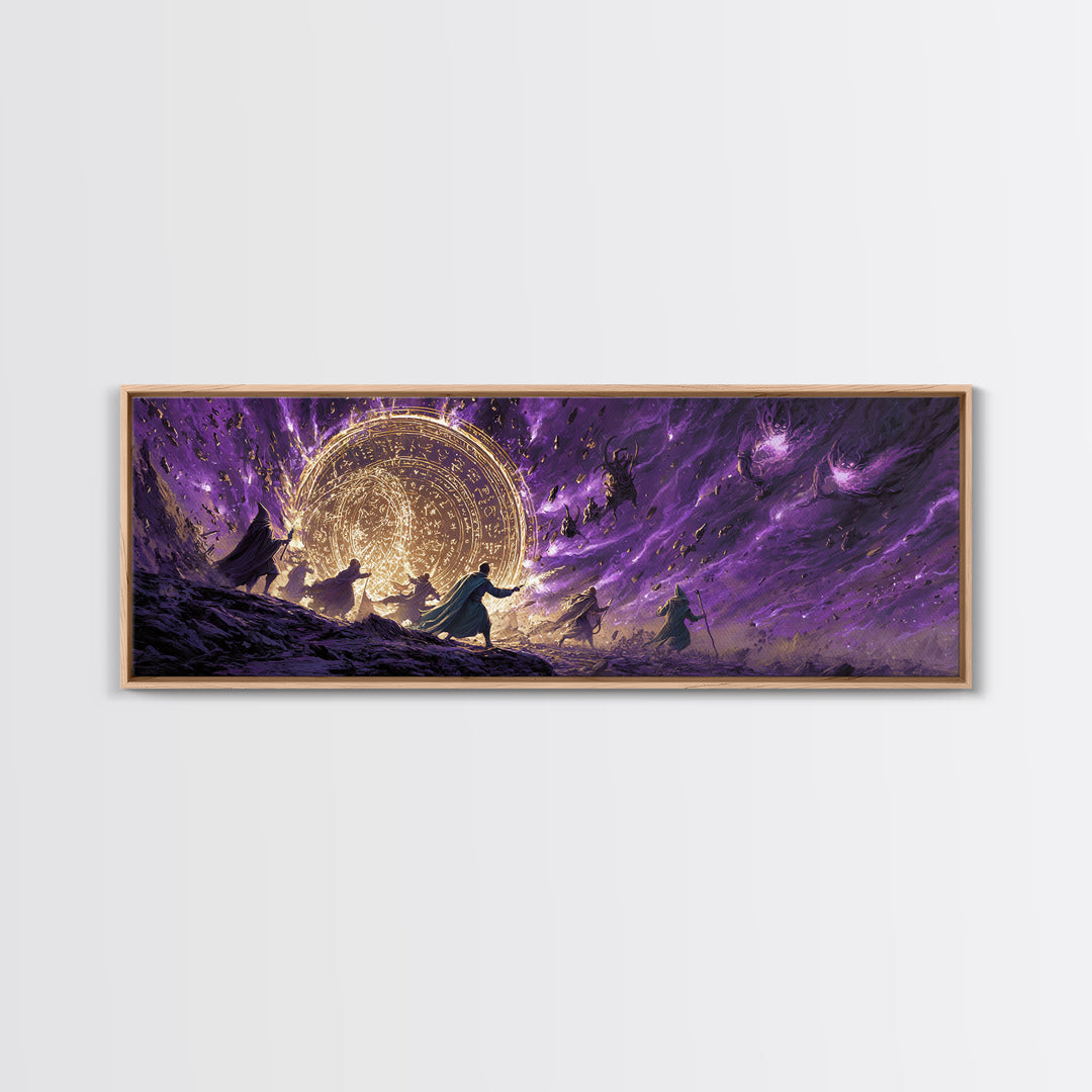Epic Fantasy Battle Scene With Mages Creating Magical Barrier Against Creatures Wall Art Canvas Print