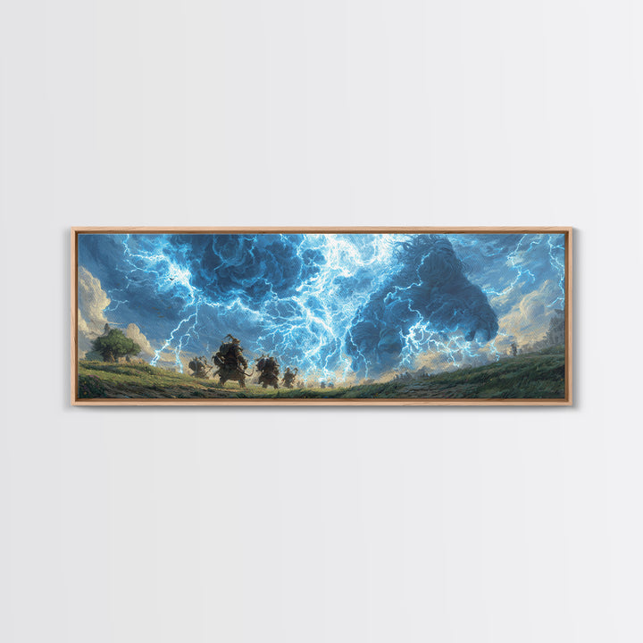 Epic Fantasy Battle Art Depicting Warriors Facing Giant Made Of Stormy Clouds Canvas Print