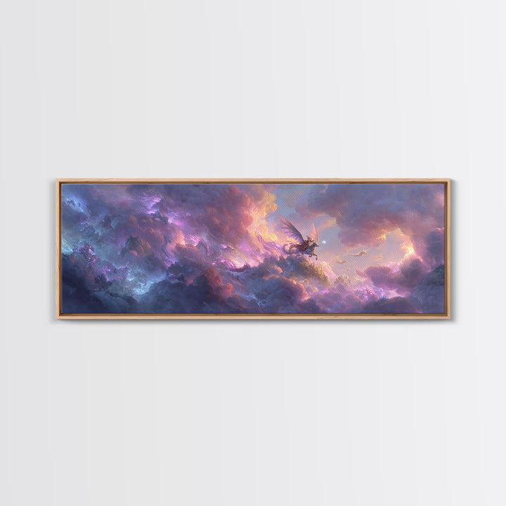 Epic Fantasy Sky Battle With Winged Warrior Dragons And Light Magic Canvas Print Large Wall Art For Fantasy Decor