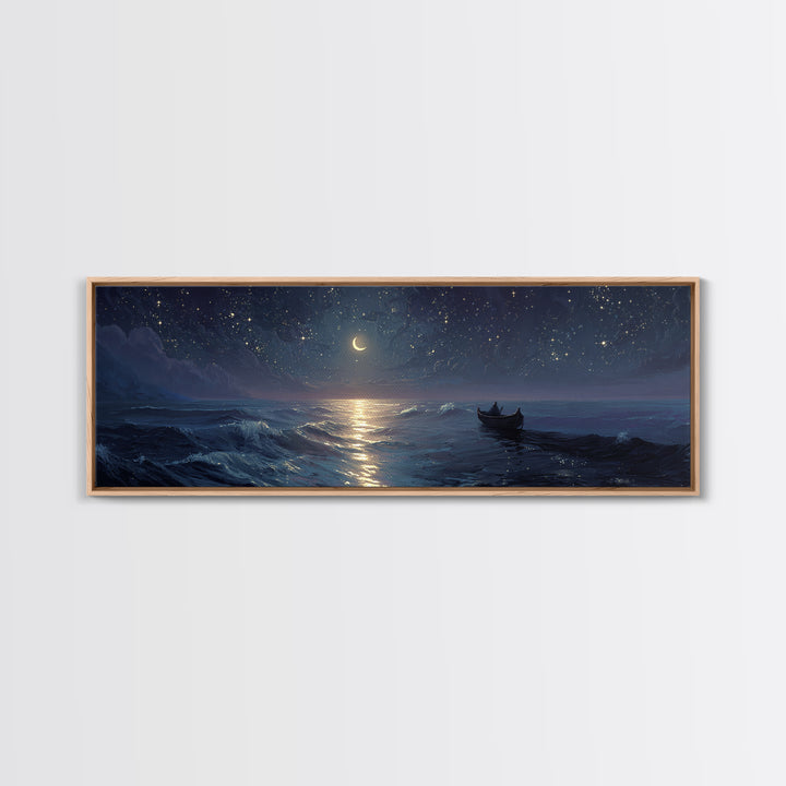 Serene Night Ocean Scene With Boat And Crescent Moon Under Starry Sky Wall Art Modern Coastal Decor Canvas Print